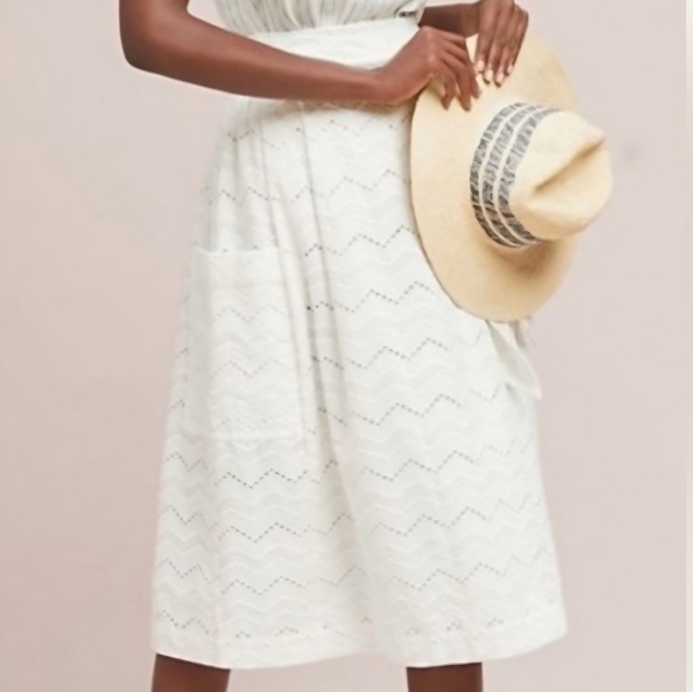 ANTHROPOLOGIE × TRACY REESE White Eyelet Chevron Patch Pocket Midi Skirt Size 4